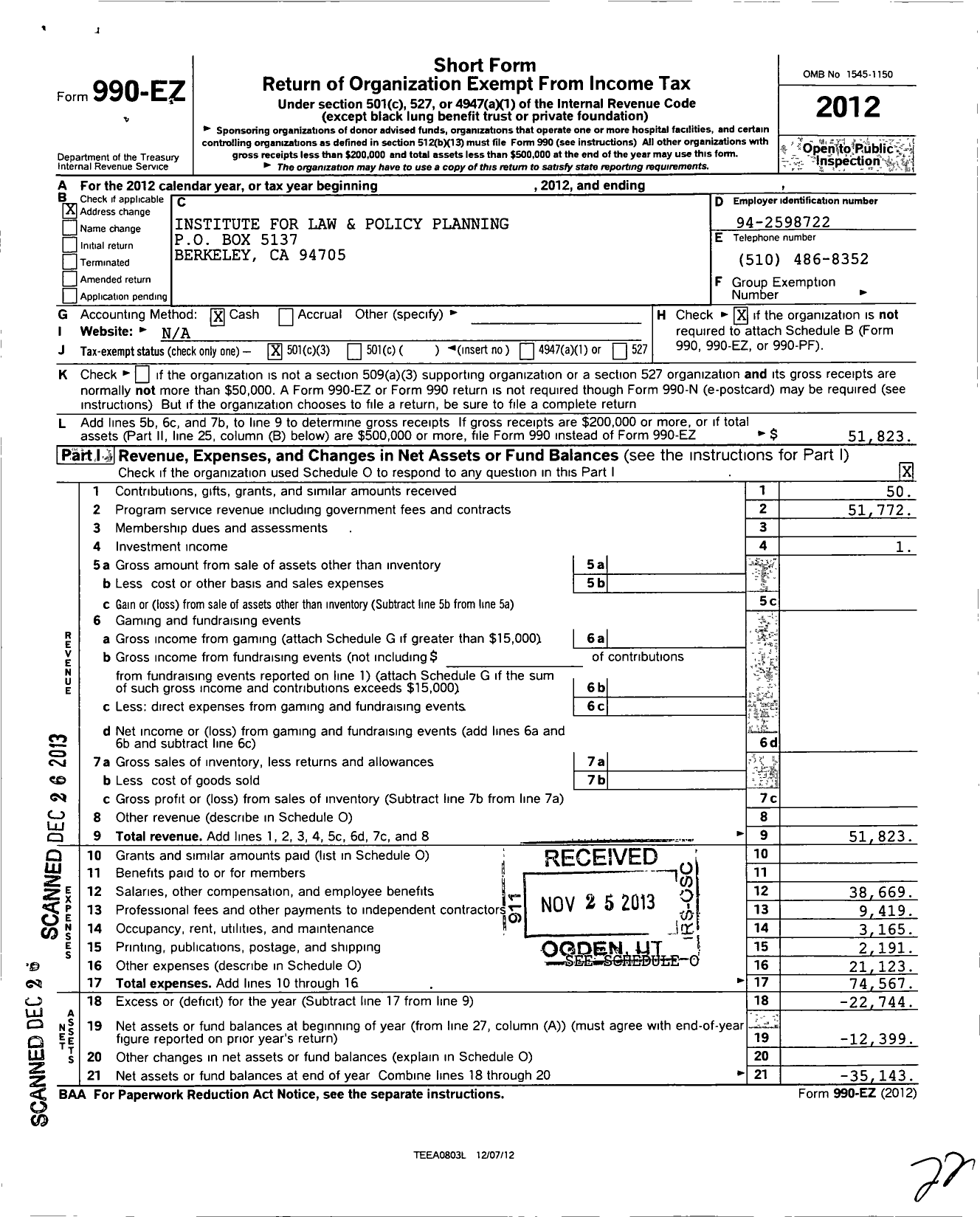 Image of first page of 2012 Form 990EZ for Institute for Law and Policy Planning