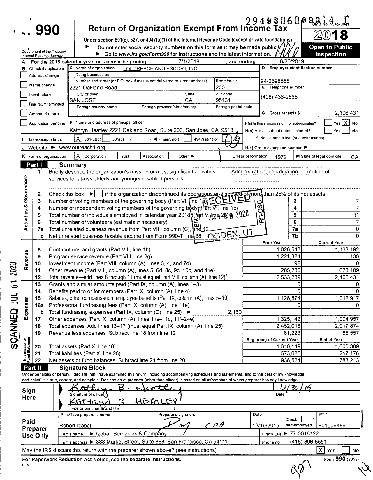 Image of first page of 2018 Form 990 for Outreach and Escort