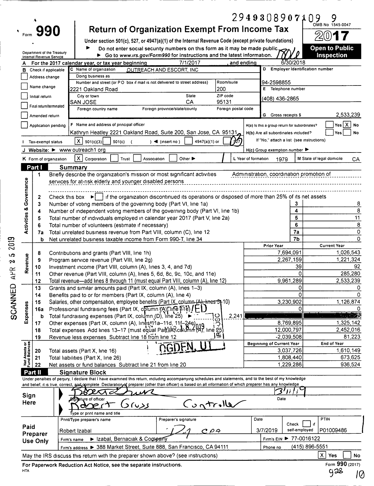 Image of first page of 2017 Form 990 for Outreach and Escort