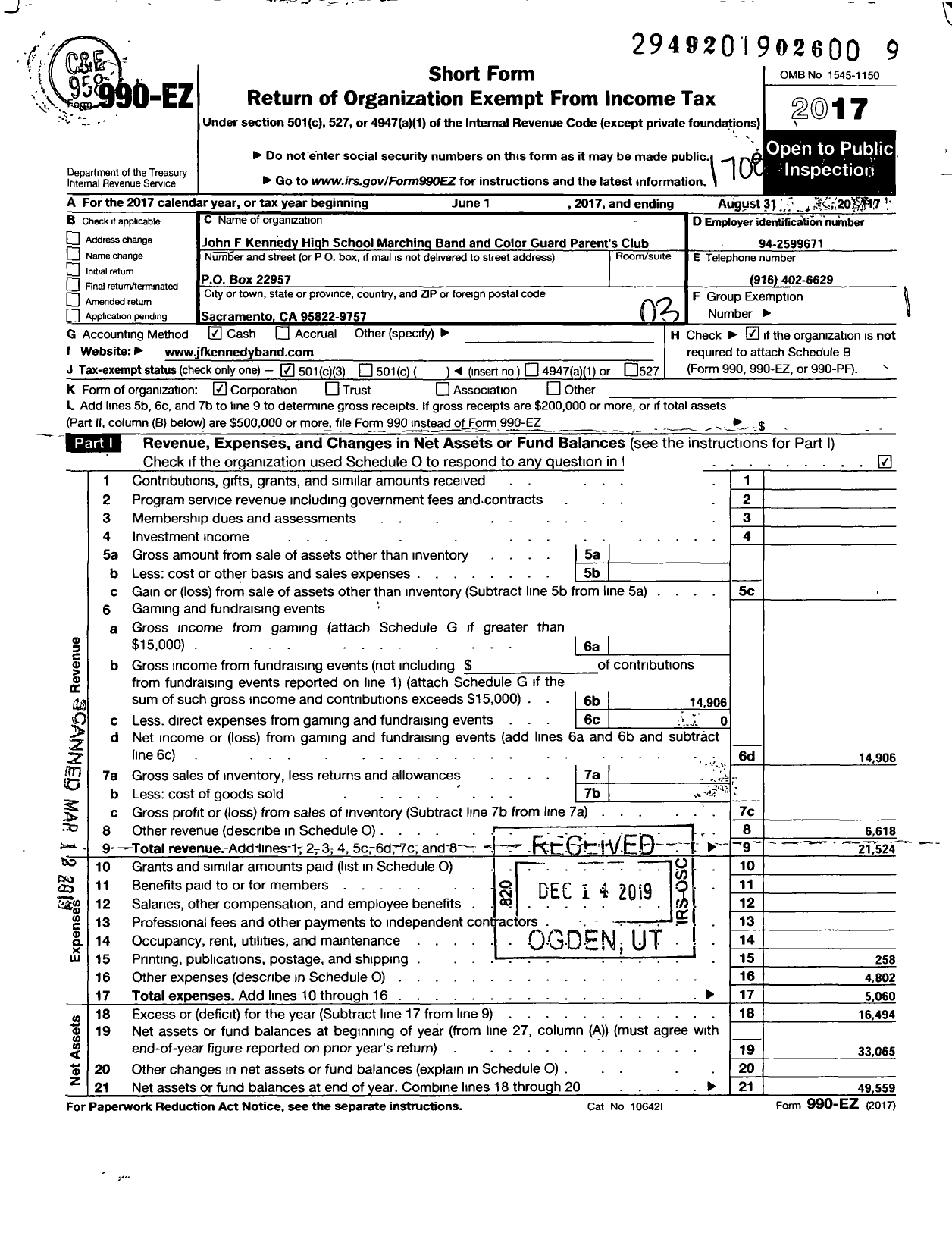 Image of first page of 2016 Form 990EZ for John F Kennedy High School Marching Band and Color Guard Parents Club