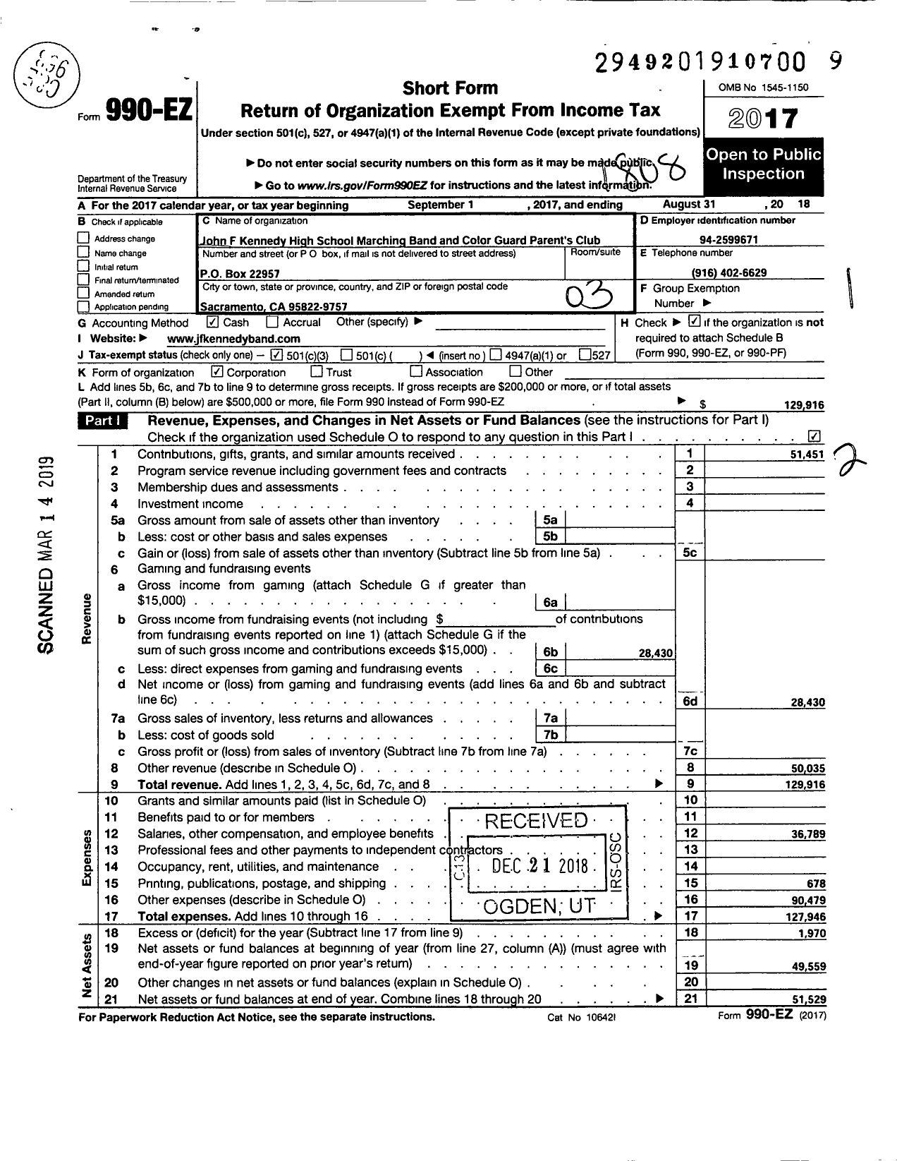 Image of first page of 2017 Form 990EZ for John F Kennedy High School Marching Band and Color Guard Parents Club