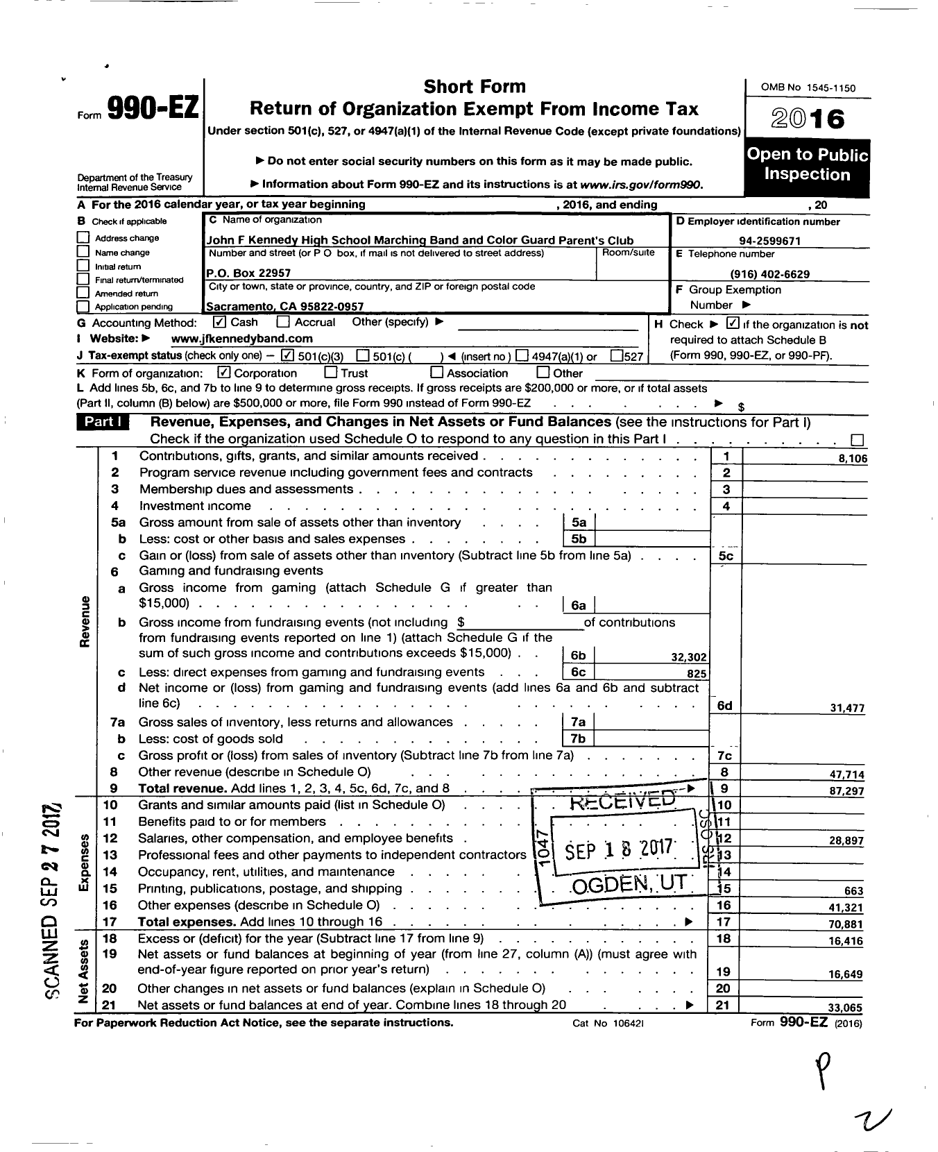 Image of first page of 2016 Form 990EZ for John F Kennedy High School Marching Band and Color Guard Parents Club