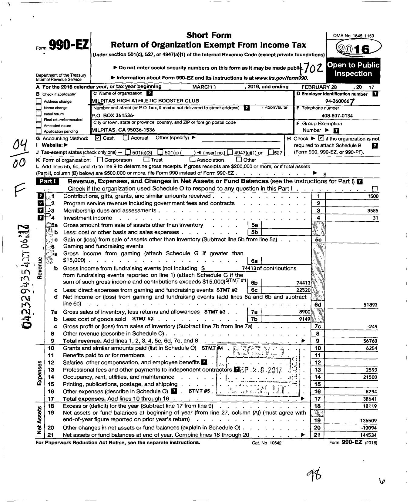 Image of first page of 2016 Form 990EO for Milpitas High Athletic Booster Club