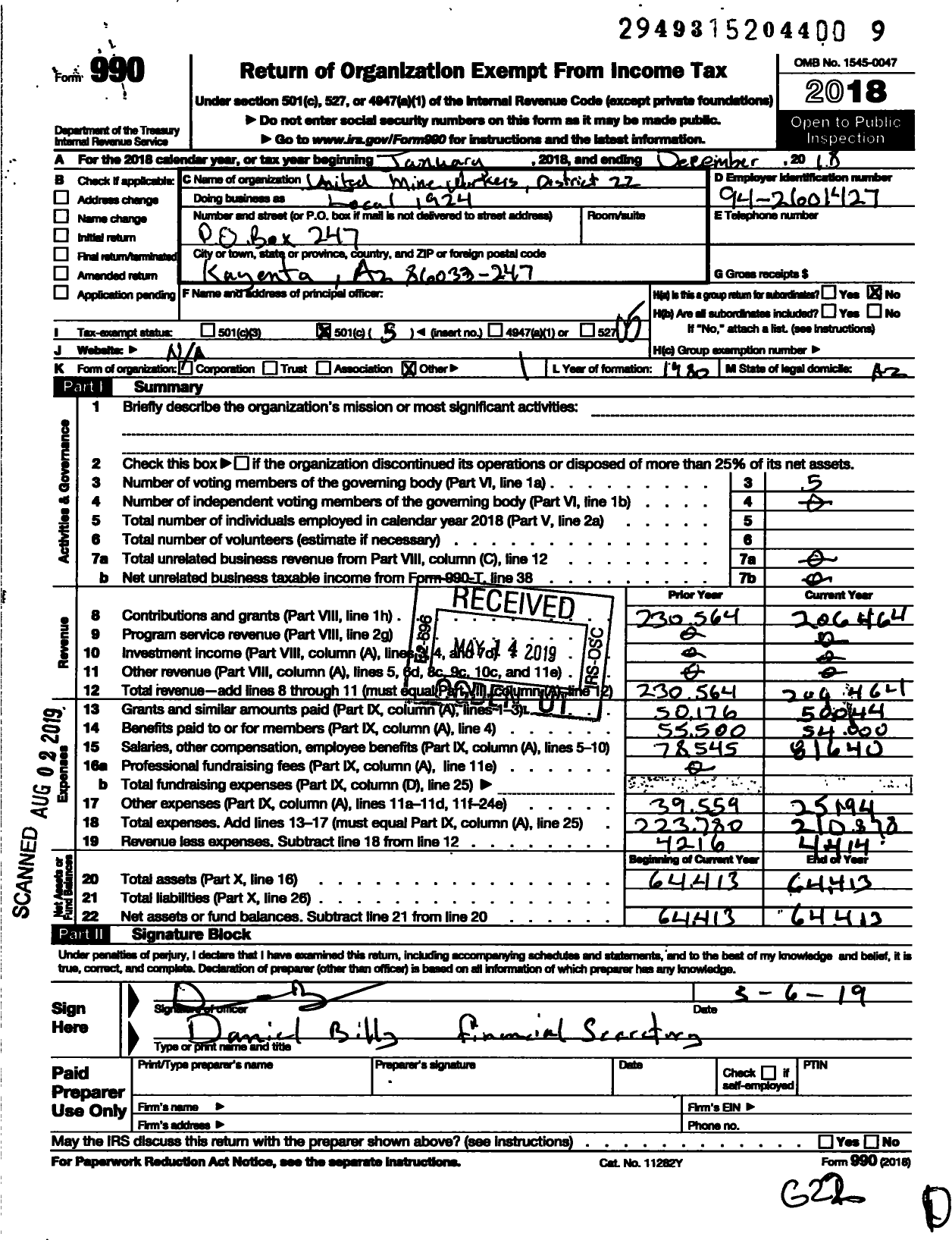 Image of first page of 2018 Form 990O for United Mine Workers of America International - 1924