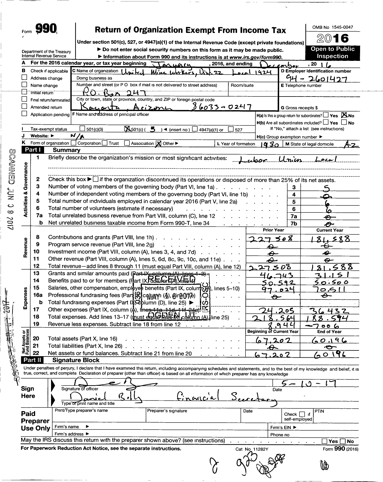 Image of first page of 2016 Form 990 for United Mine Workers of America International - 1924