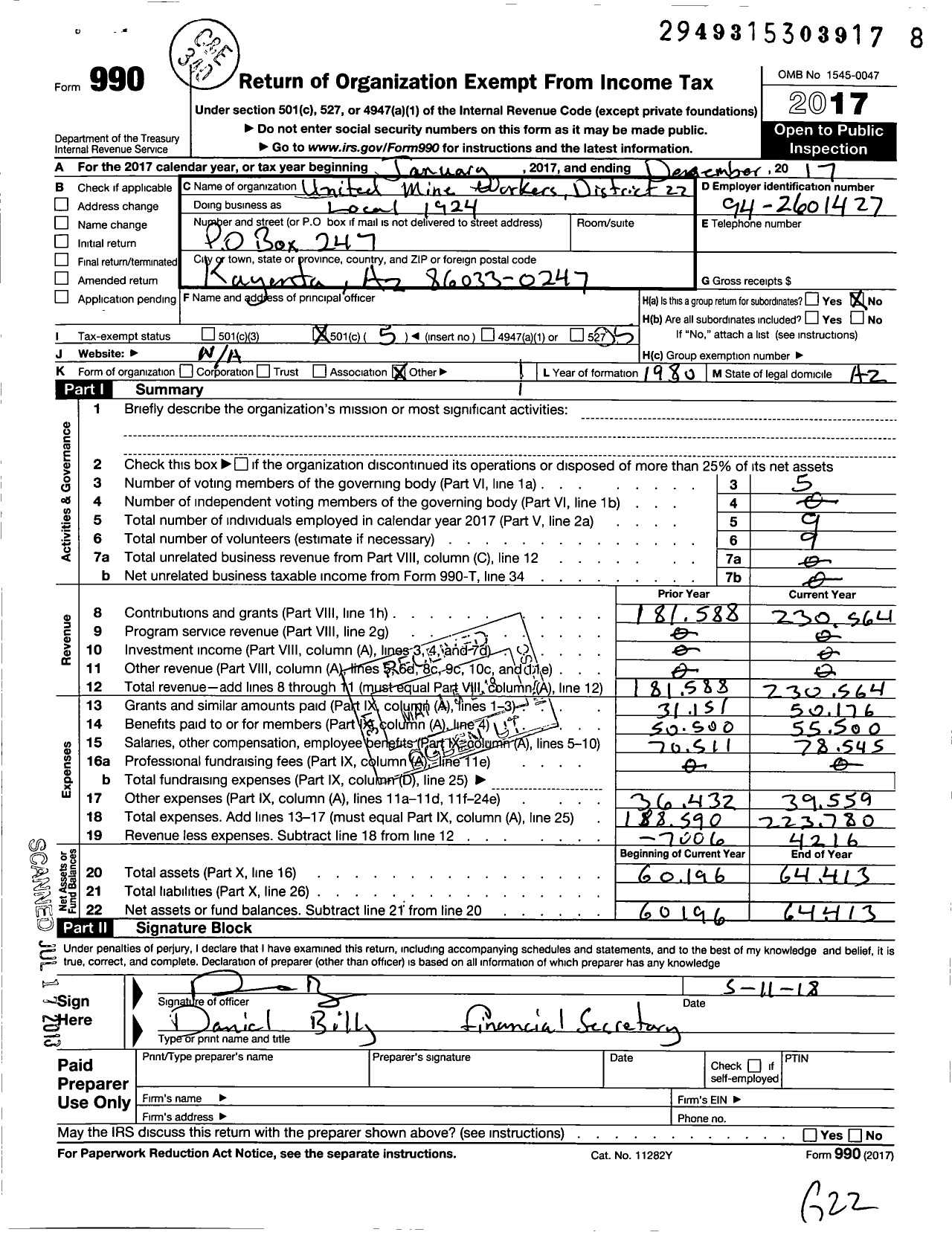 Image of first page of 2017 Form 990O for United Mine Workers of America International - 1924