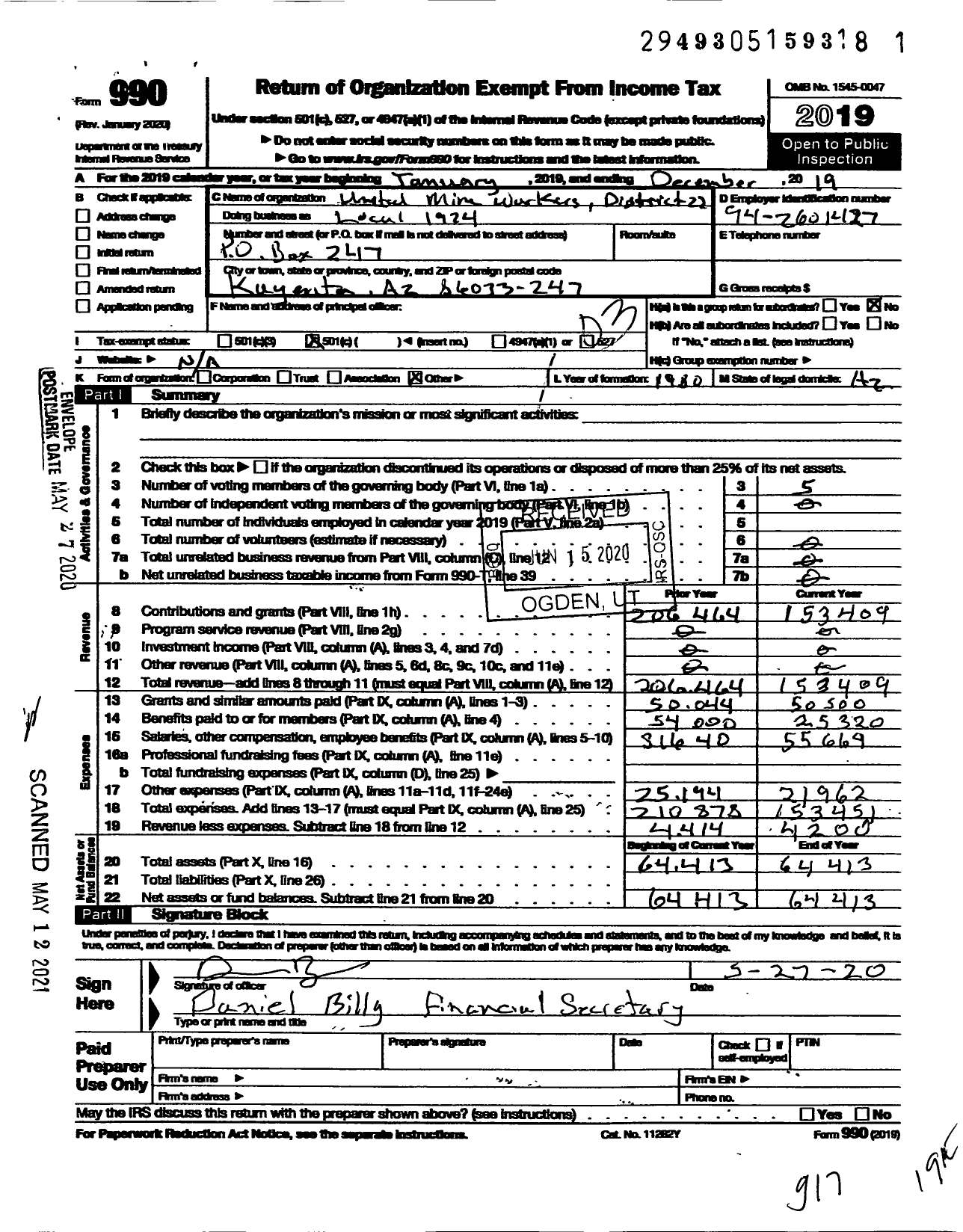 Image of first page of 2019 Form 990 for United Mine Workers of America International - 1924