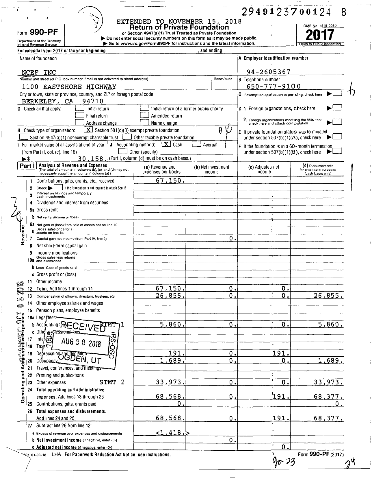 Image of first page of 2017 Form 990PF for Northern California Equine Foundation (NCEF)