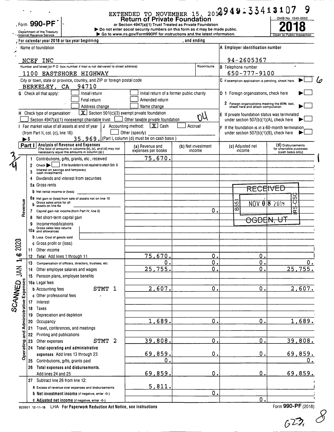 Image of first page of 2018 Form 990PF for Northern California Equine Foundation (NCEF)