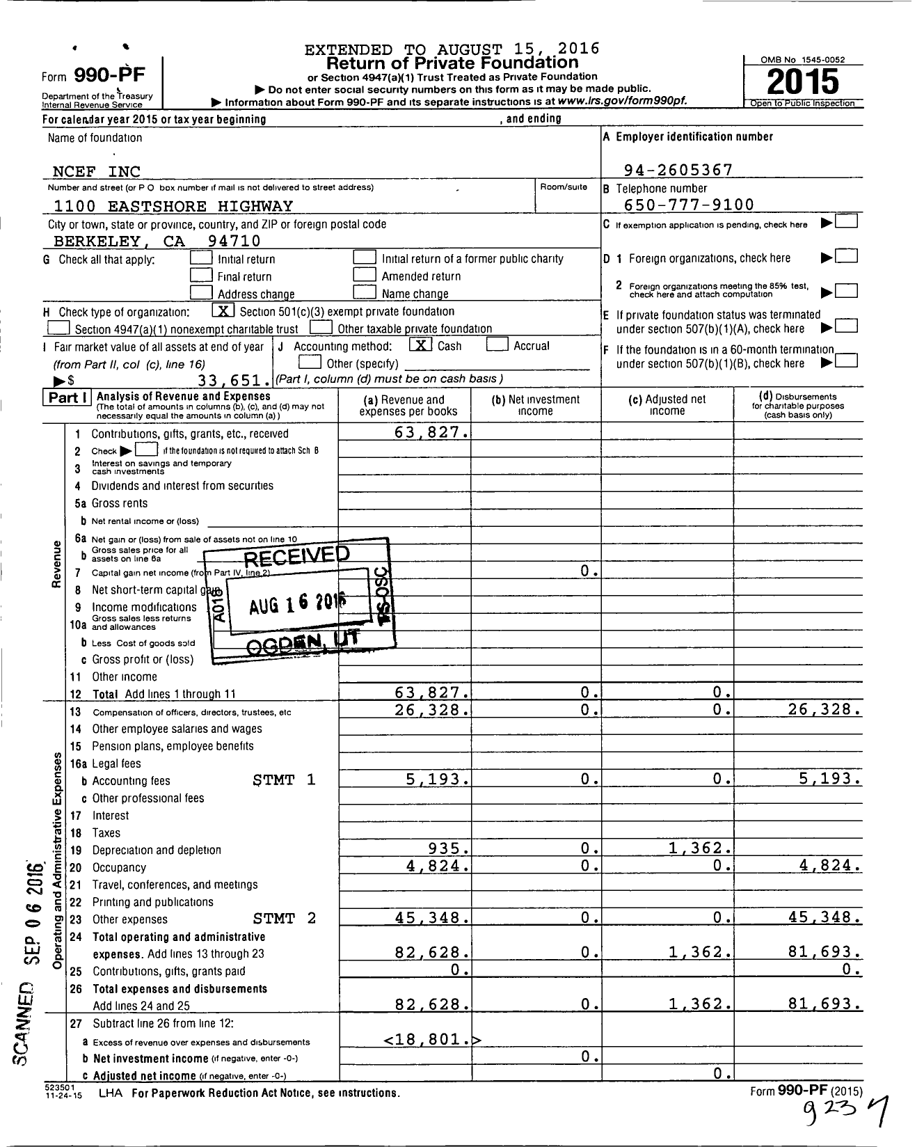 Image of first page of 2015 Form 990PF for Northern California Equine Foundation (NCEF)