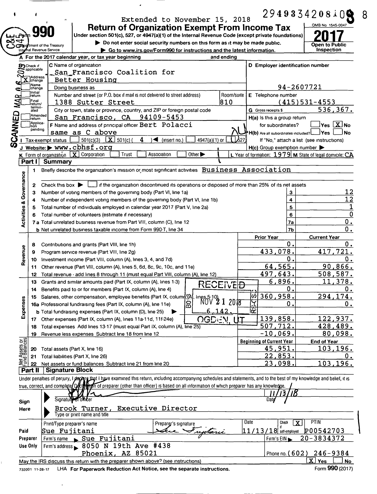 Image of first page of 2017 Form 990O for San Francisco Coalition for Better Housing