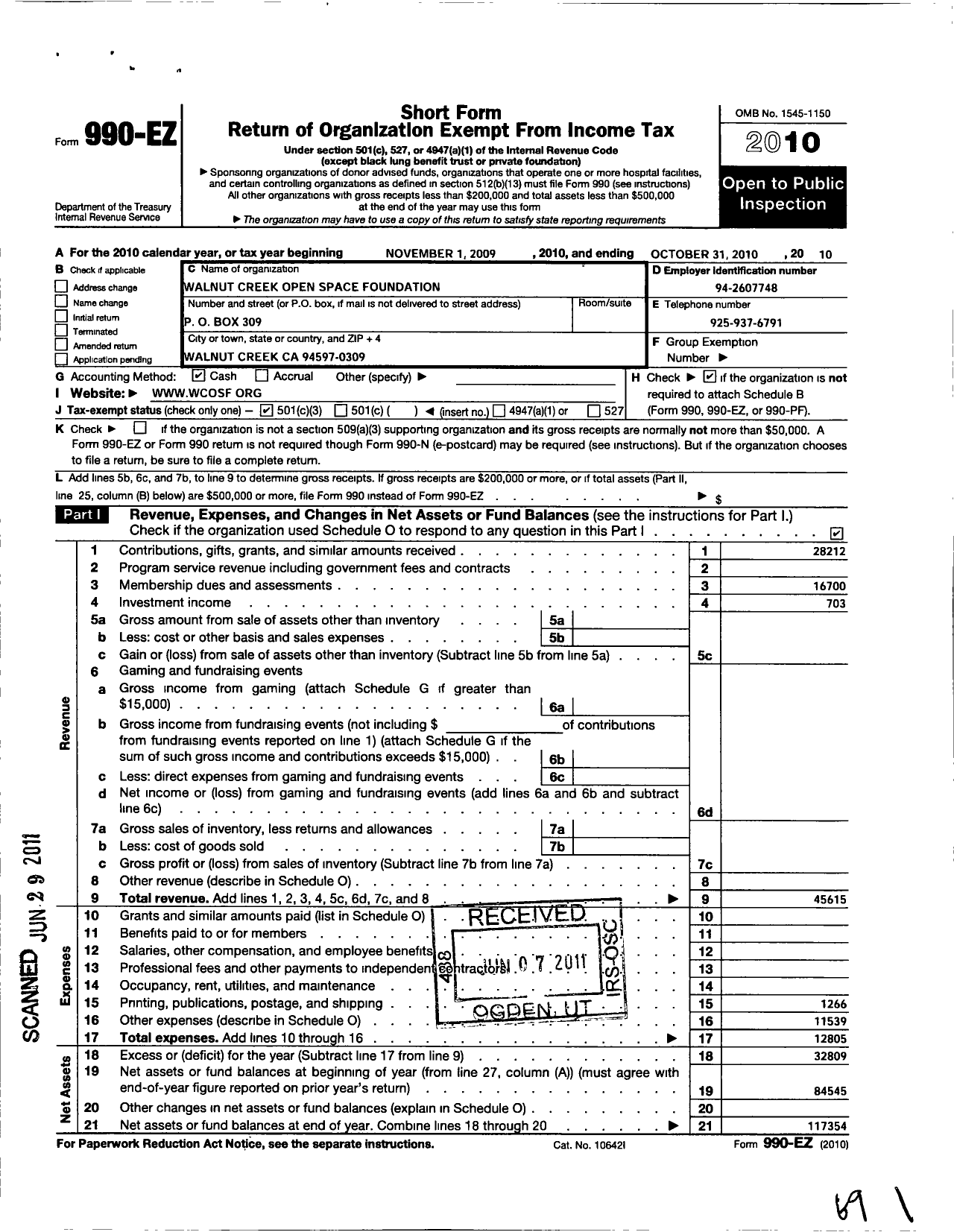 Image of first page of 2009 Form 990EZ for Walnut Creek Open Space Foundation