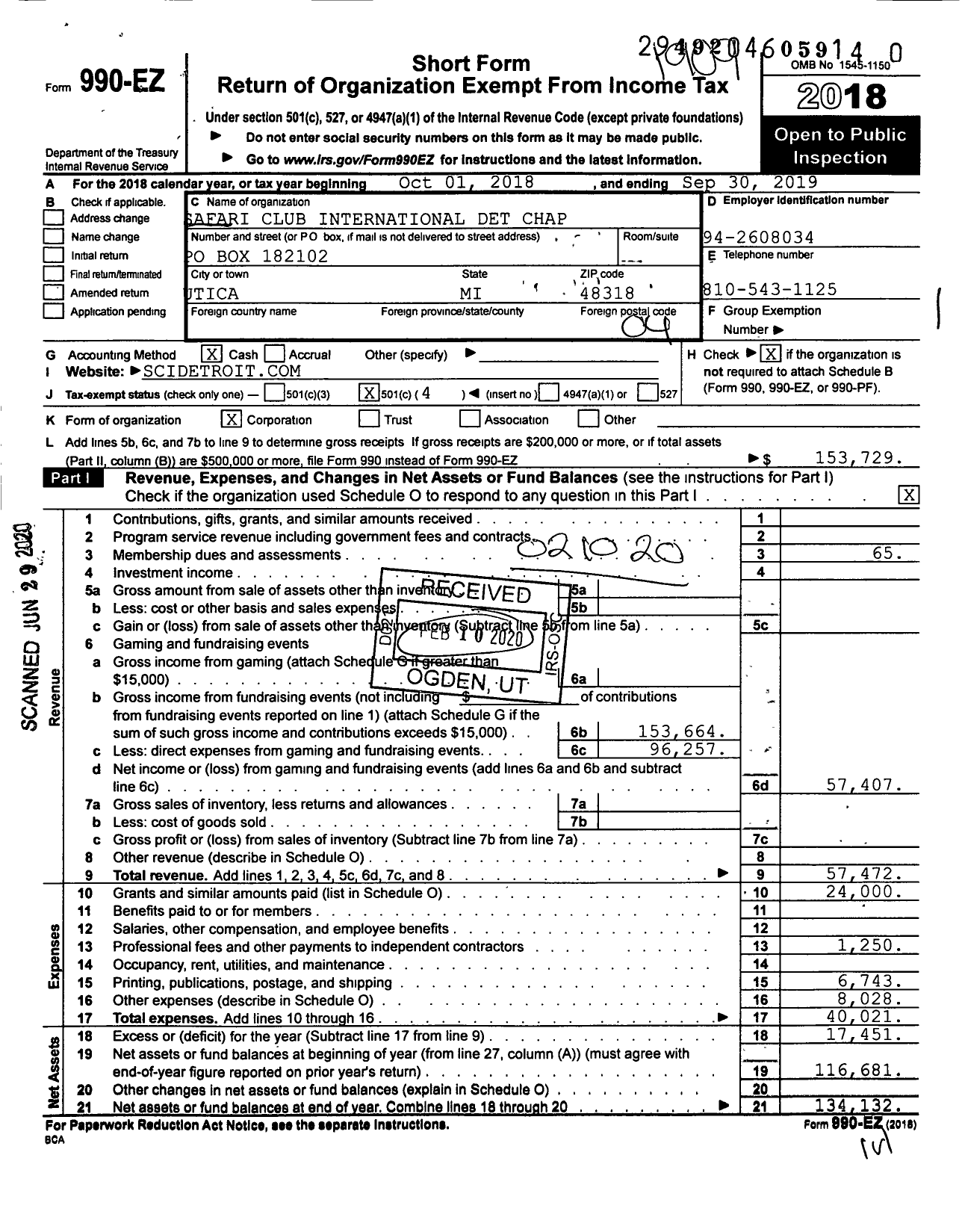 Image of first page of 2018 Form 990EO for Safari Club International Det Chap