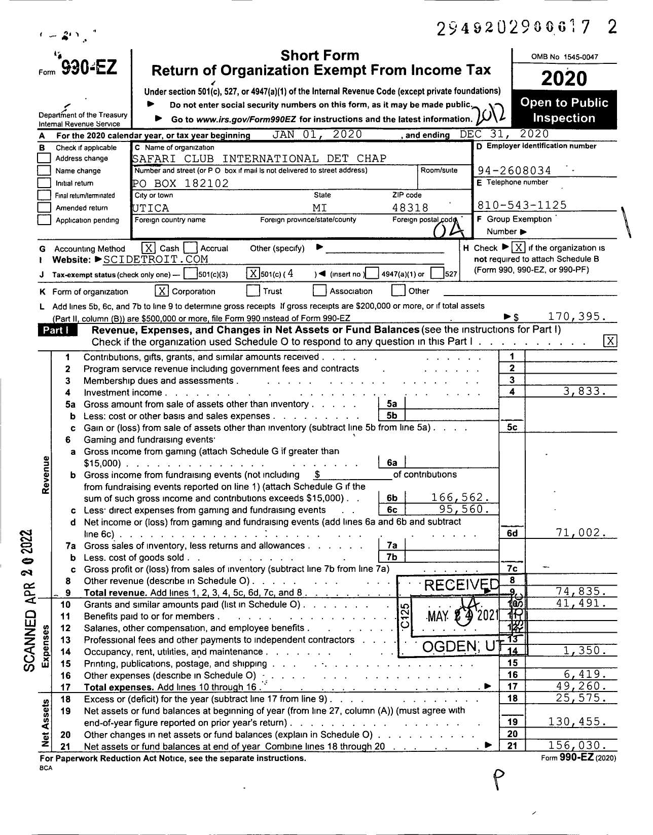 Image of first page of 2020 Form 990EO for Safari Club International Det Chap