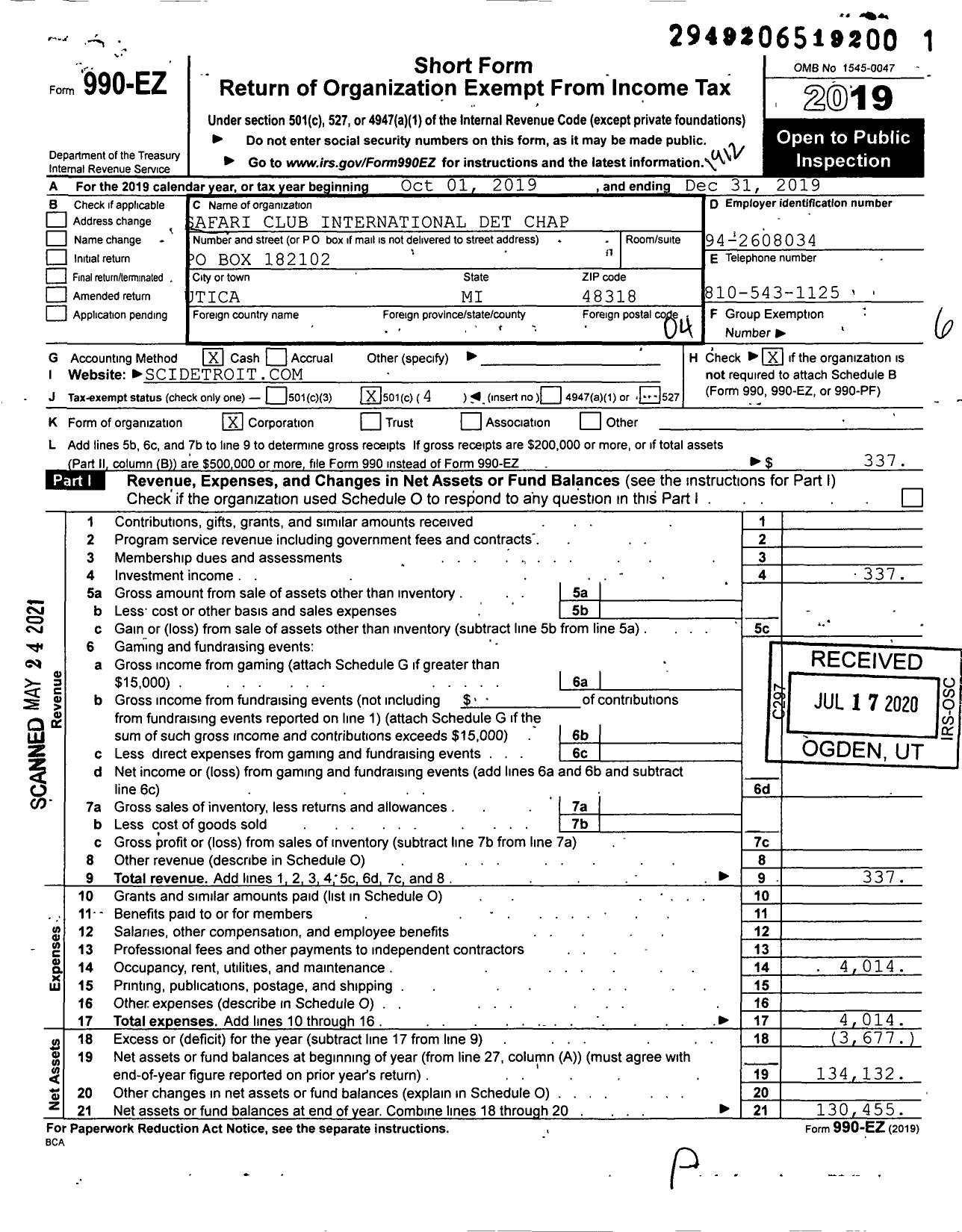 Image of first page of 2019 Form 990EO for Safari Club International Det Chap