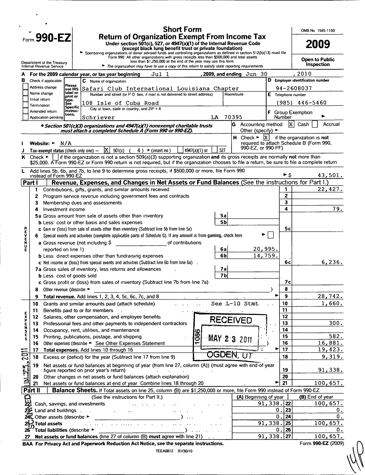 Image of first page of 2009 Form 990EO for Safari Club International / Louisiana Chapter