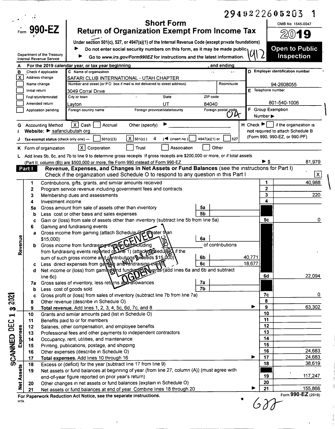 Image of first page of 2019 Form 990EO for Safari Club International - Utah Chapter