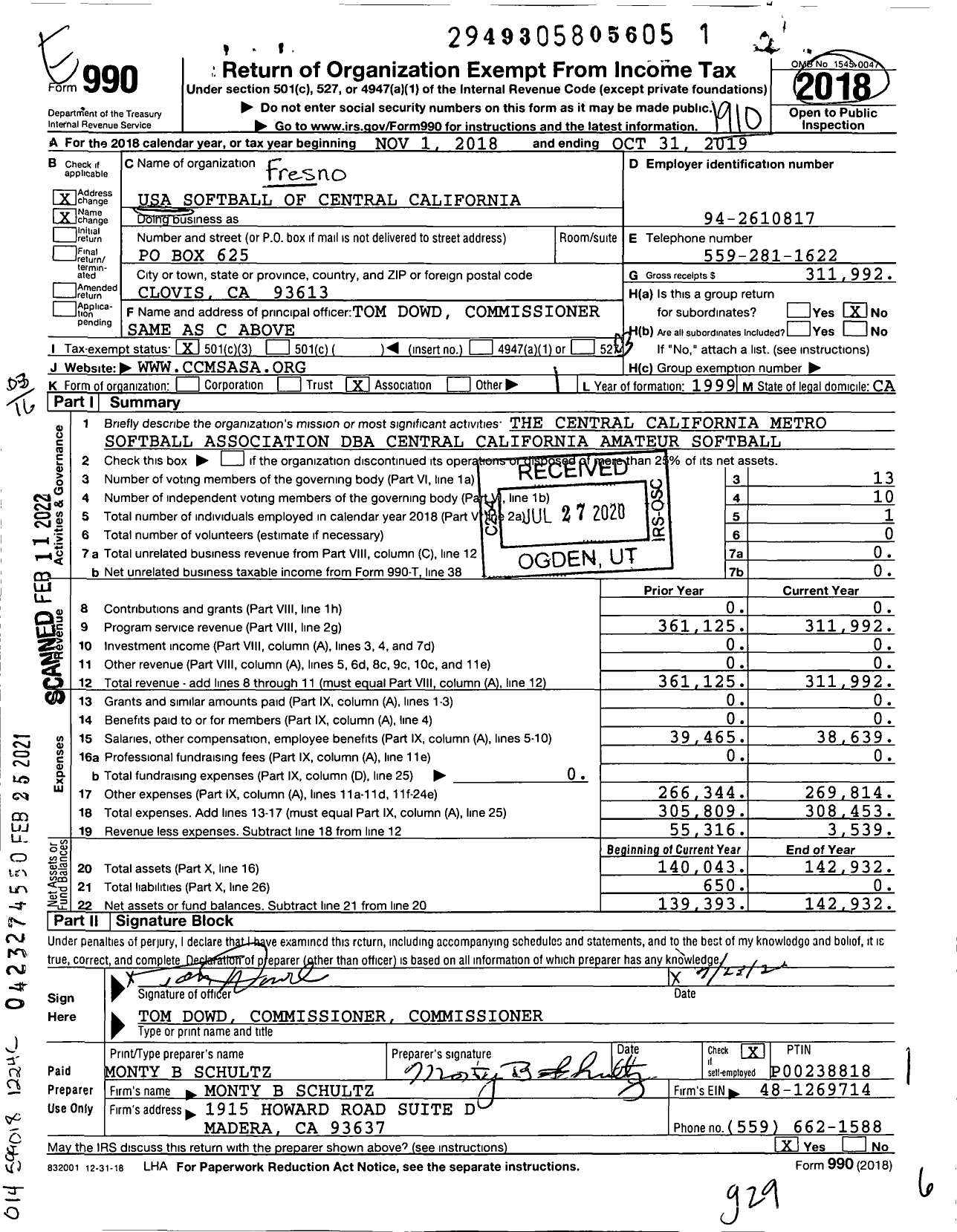 Image of first page of 2018 Form 990 for USA Softball of Central California