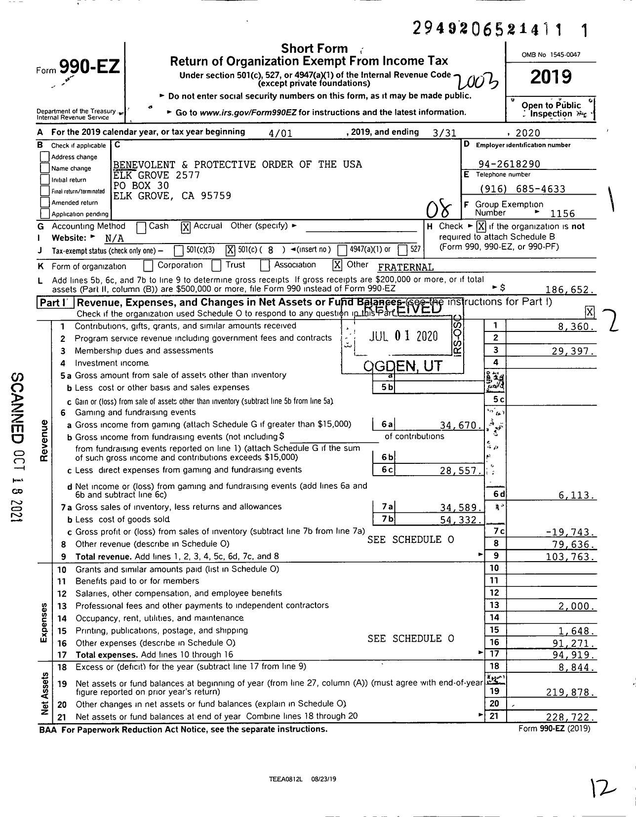 Image of first page of 2019 Form 990EO for Benevolent and Protective Order of Elks - 2577 Elk Grove