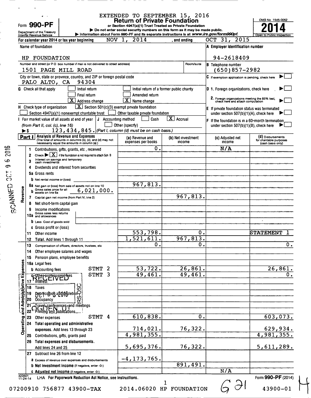 Image of first page of 2014 Form 990PF for HP Foundation