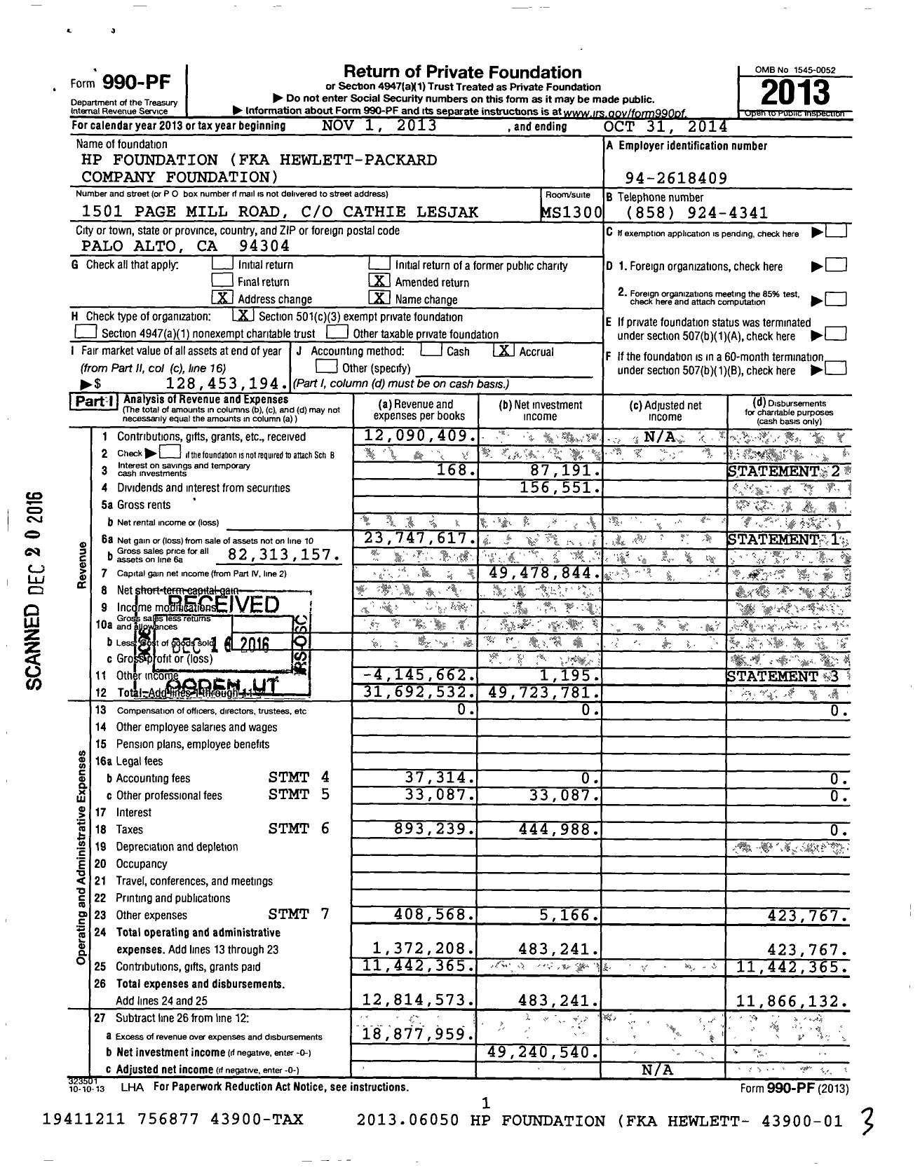 Image of first page of 2013 Form 990PF for HP Foundation