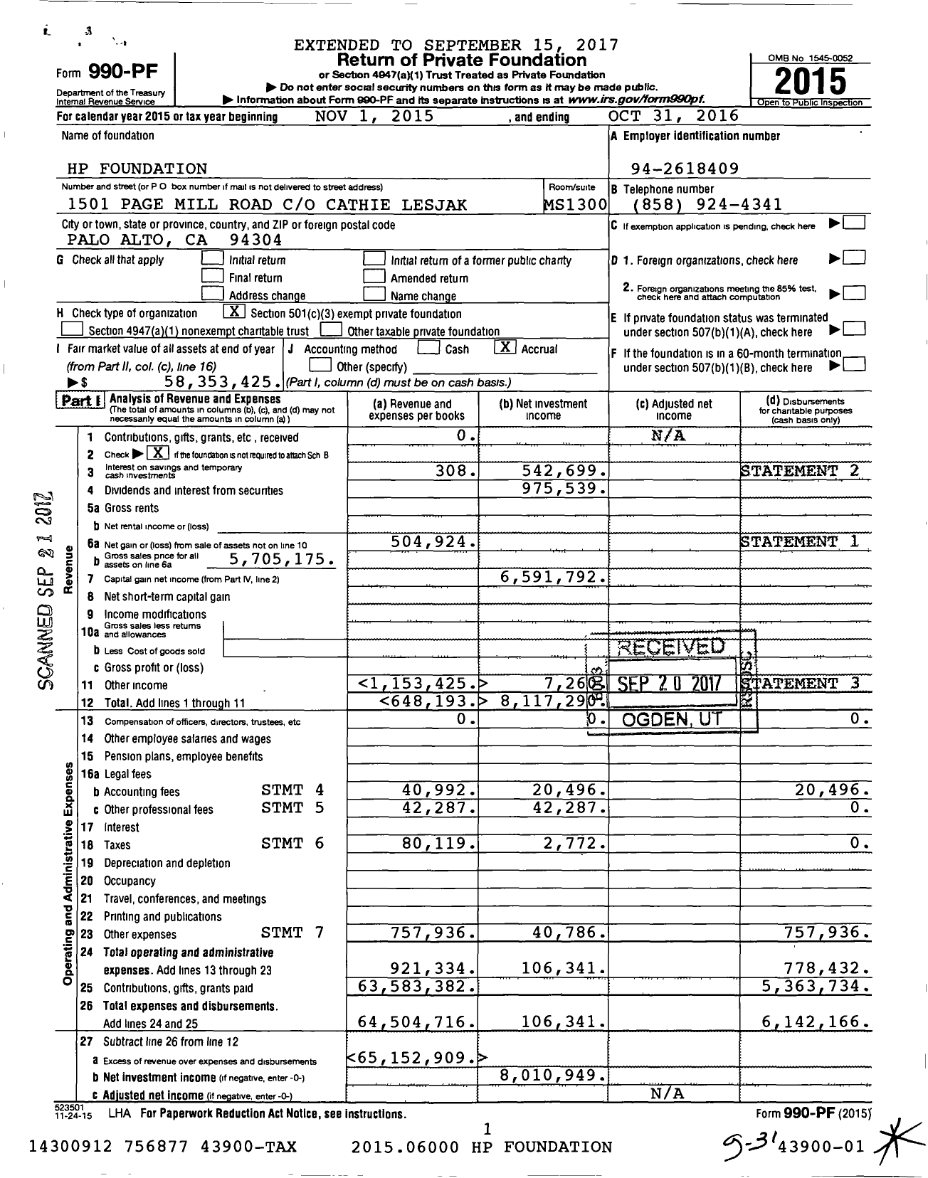 Image of first page of 2015 Form 990PF for HP Foundation