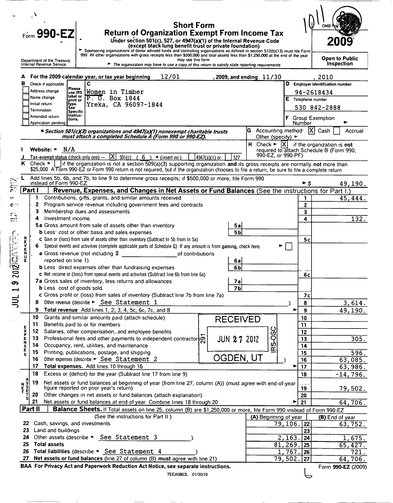 Image of first page of 2009 Form 990EO for Women in Timber