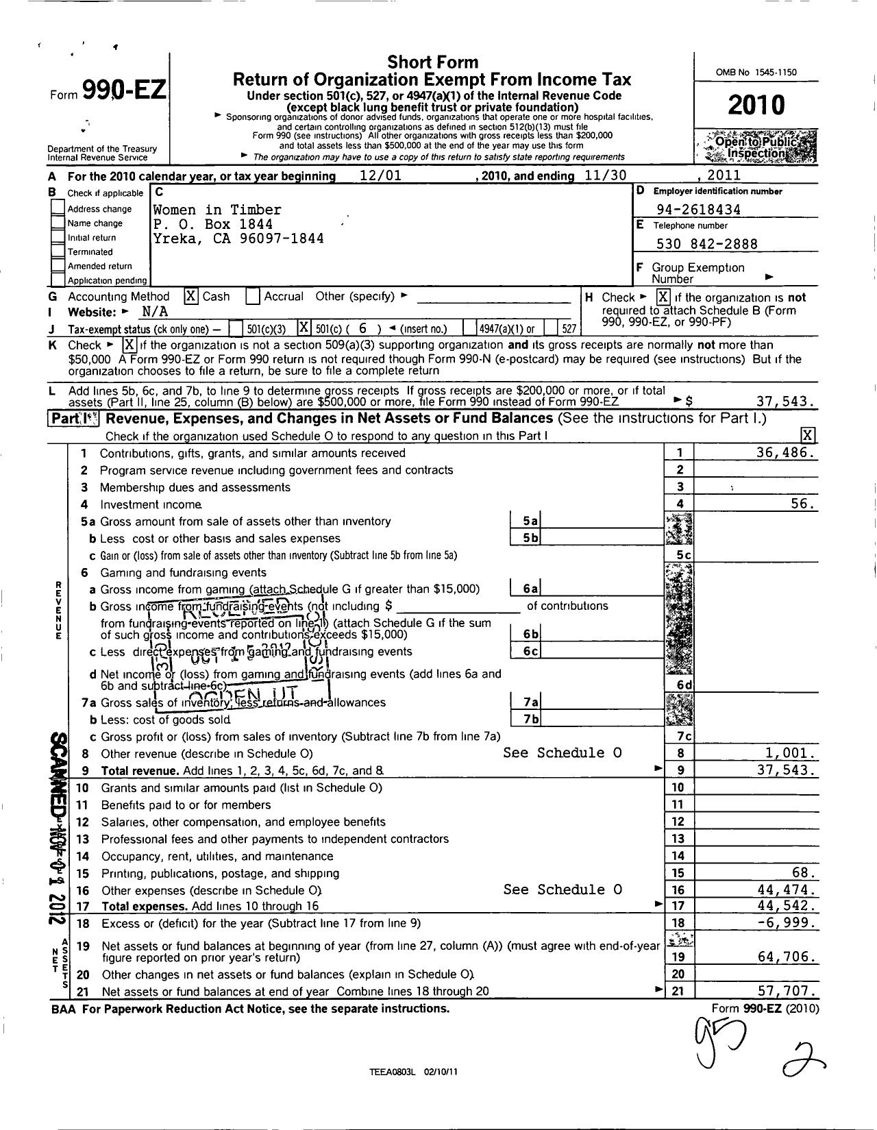 Image of first page of 2010 Form 990EO for Women in Timber