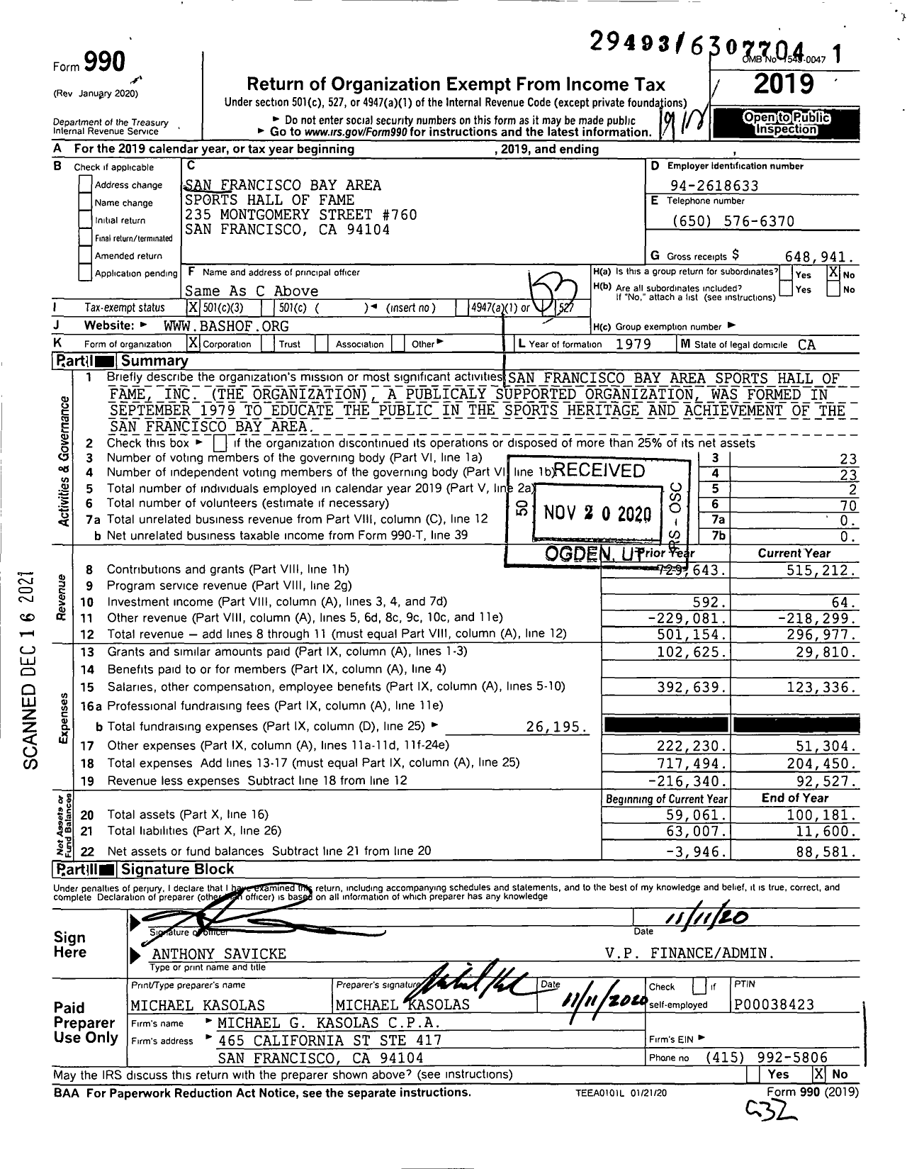 Image of first page of 2019 Form 990 for San Francisco Bay Area Sports Hall of Fame