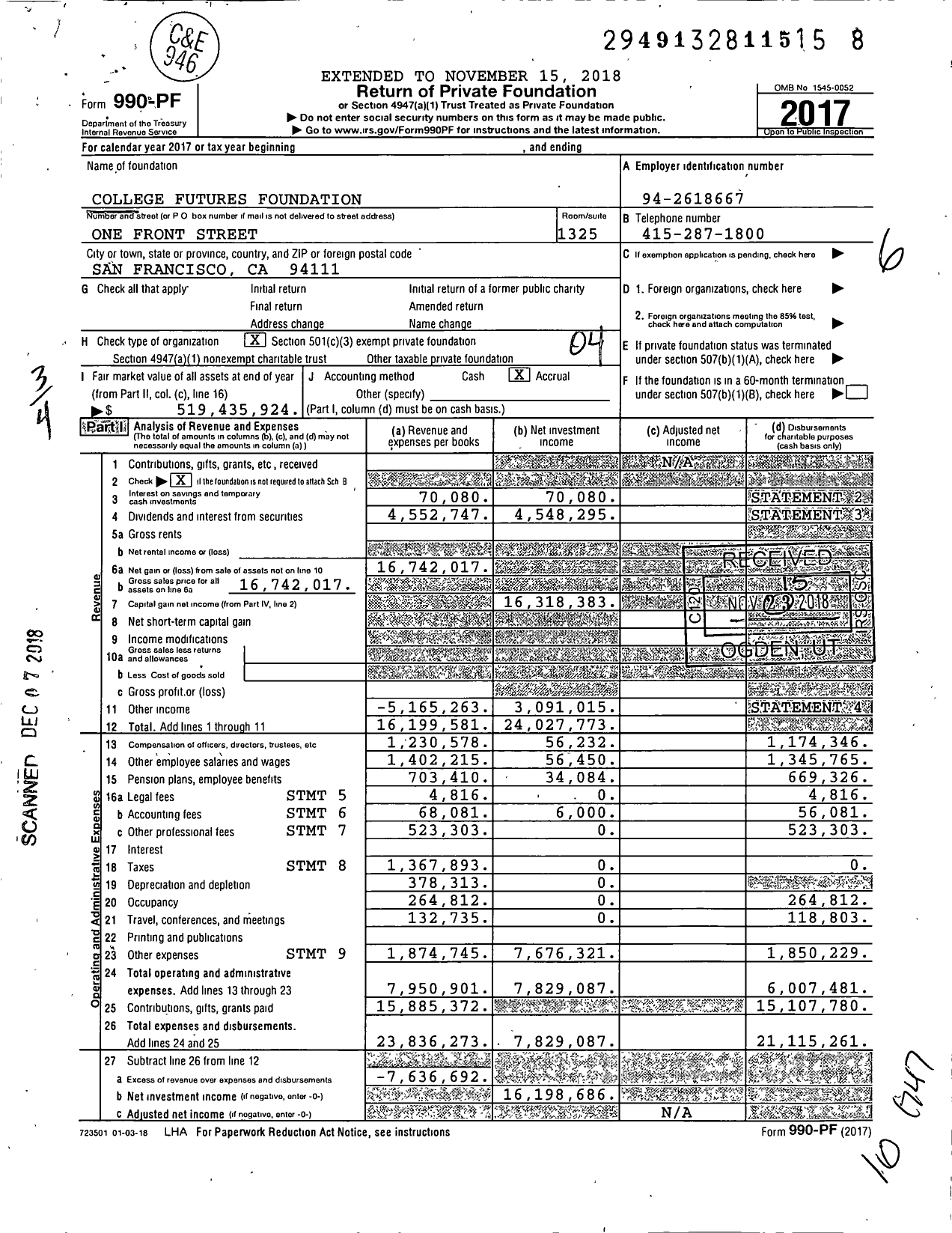 Image of first page of 2017 Form 990PF for College Futures Foundation
