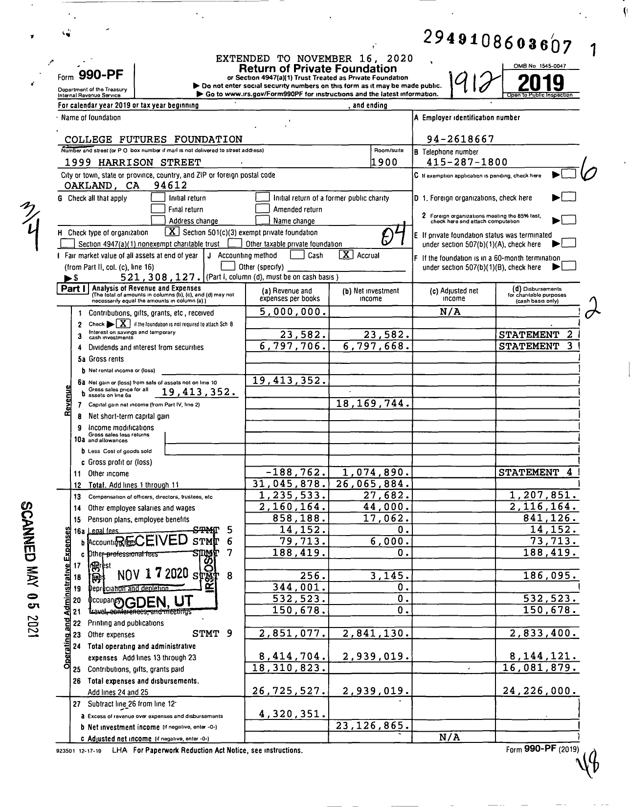 Image of first page of 2019 Form 990PF for College Futures Foundation