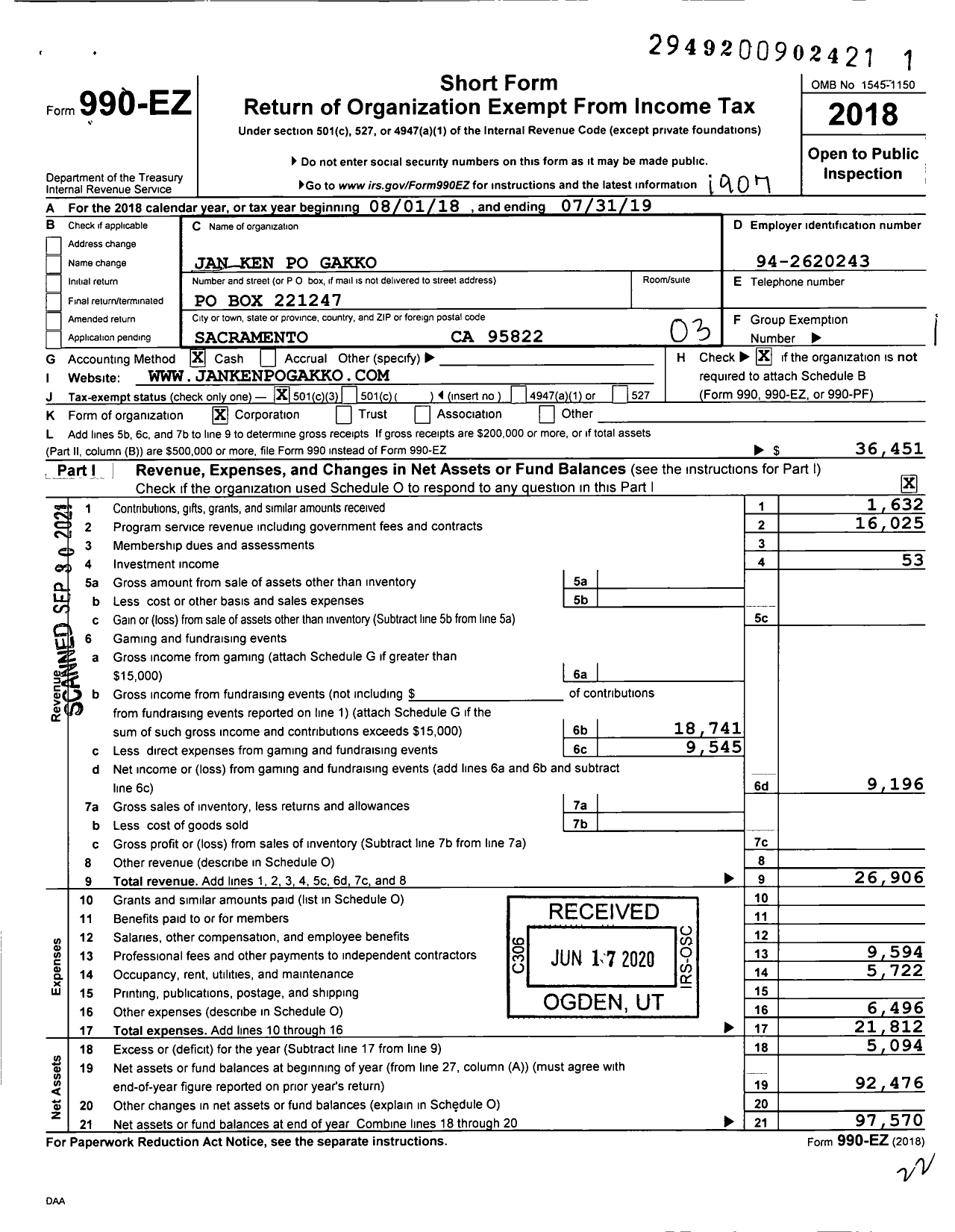 Image of first page of 2018 Form 990EZ for Jan Ken PO Gakko C O M R Kuramoto