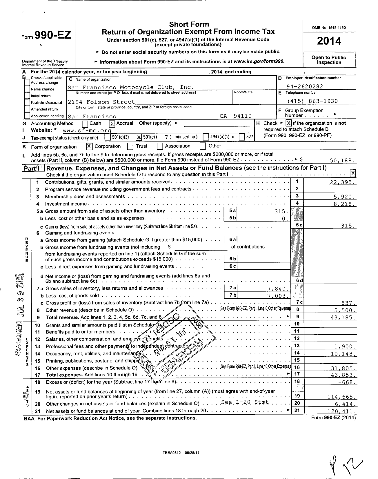 Image of first page of 2014 Form 990EO for San Francisco Motorcycle Club