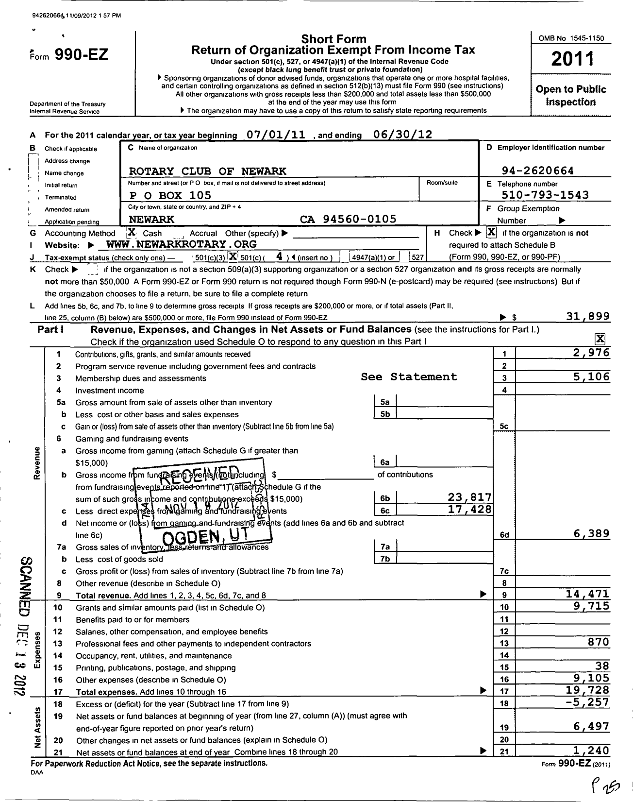 Image of first page of 2011 Form 990EO for Rotary Club of Newark CA