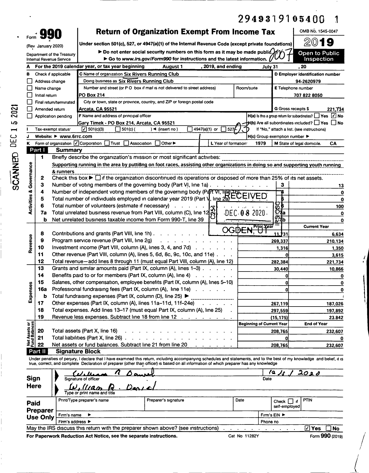 Image of first page of 2019 Form 990 for Six Rivers Running Club