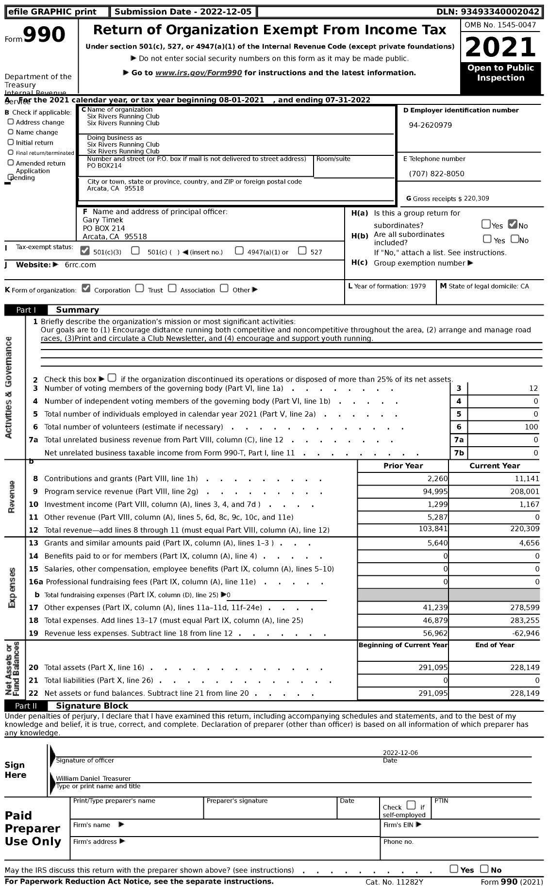 Image of first page of 2021 Form 990 for Six Rivers Running Club