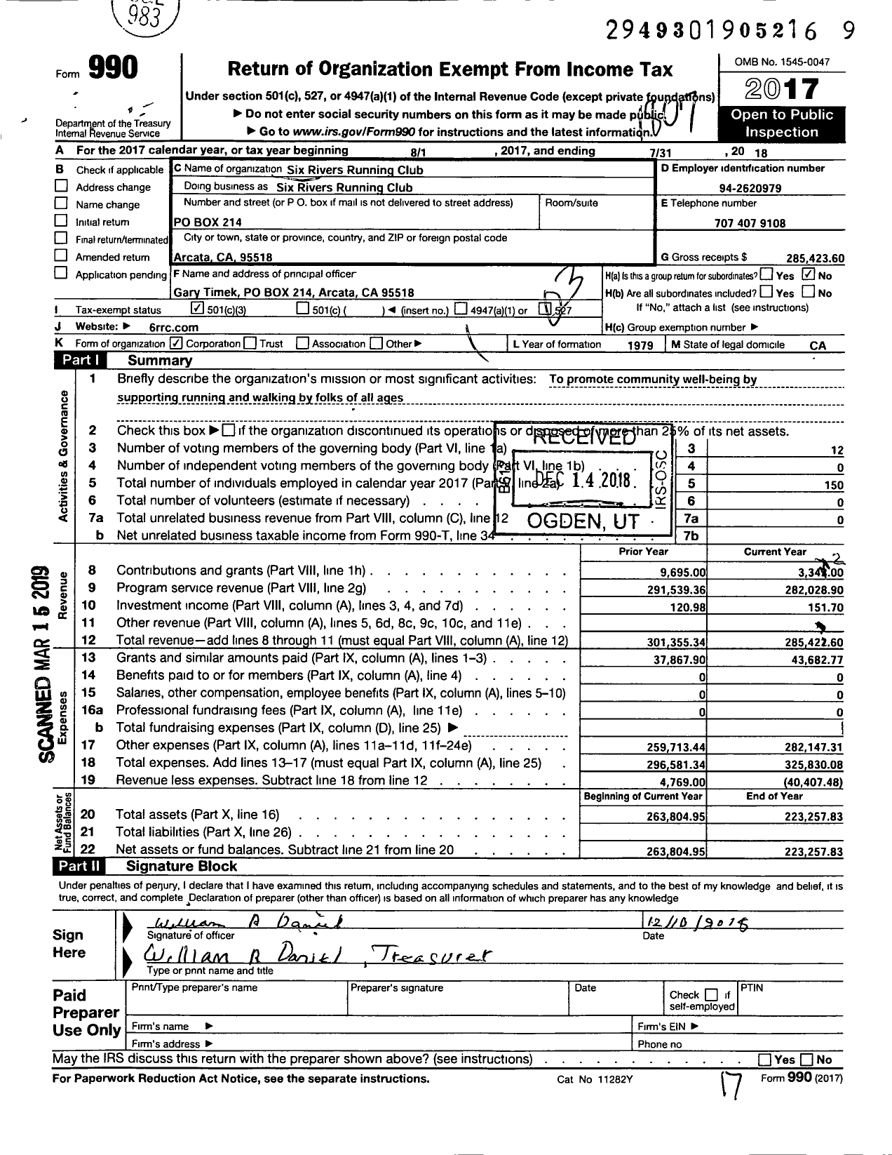 Image of first page of 2017 Form 990 for Six Rivers Running Club