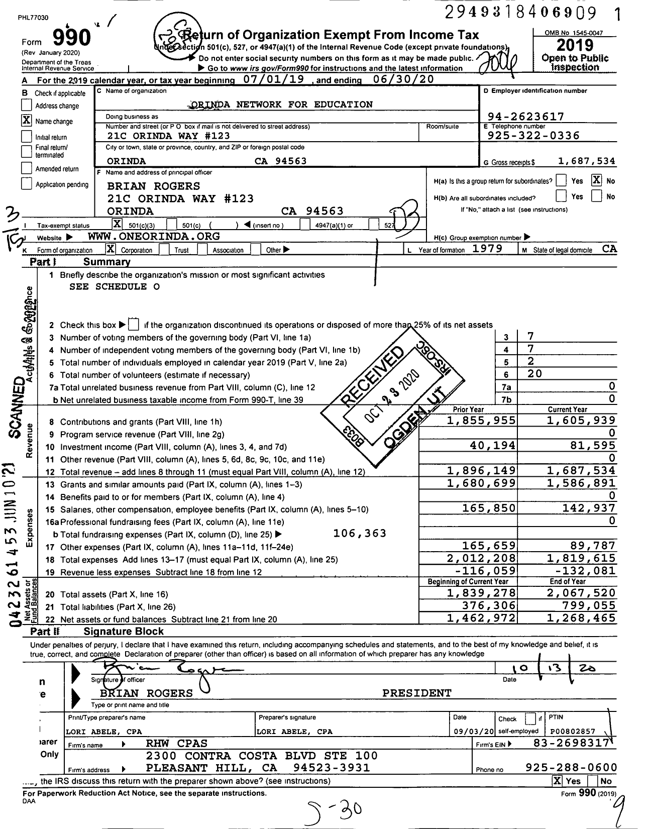 Image of first page of 2019 Form 990 for Orinda Network for Education