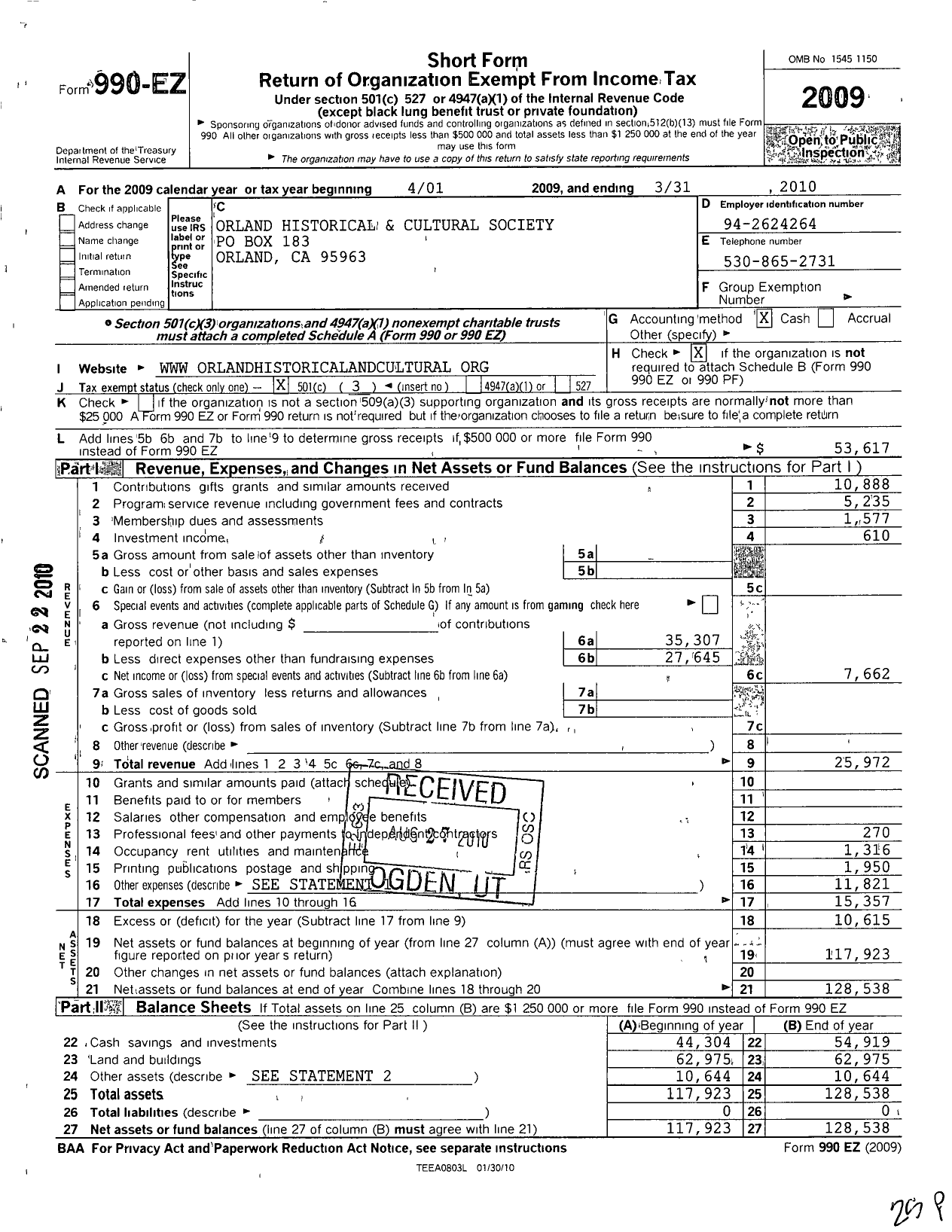 Image of first page of 2009 Form 990EZ for Orland Historical and Cultural Society