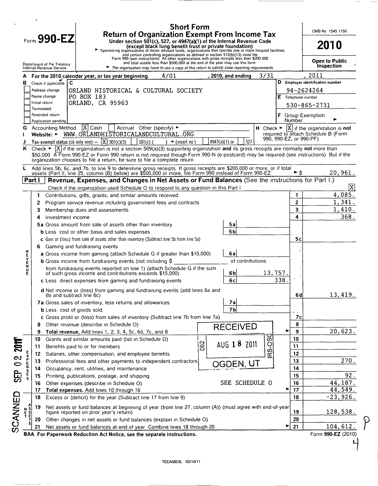 Image of first page of 2010 Form 990EZ for Orland Historical and Cultural Society