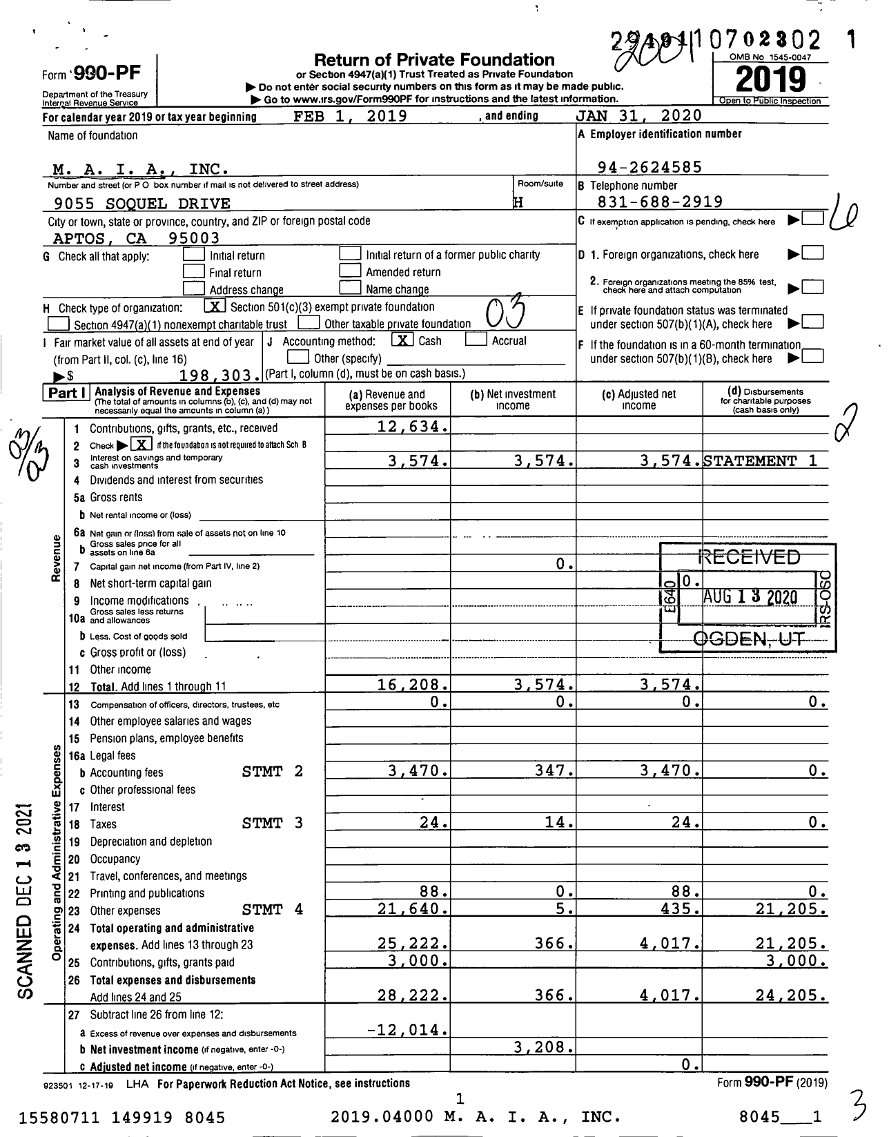 Image of first page of 2019 Form 990PF for M A I A