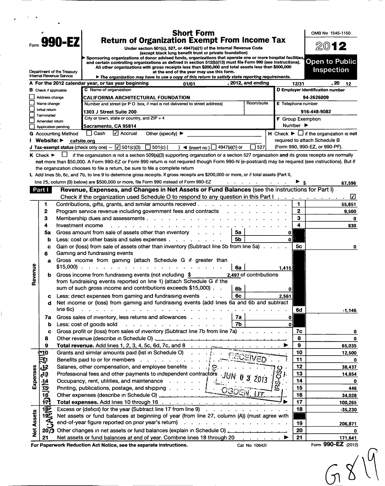 Image of first page of 2012 Form 990EZ for The California Architectural Foundation