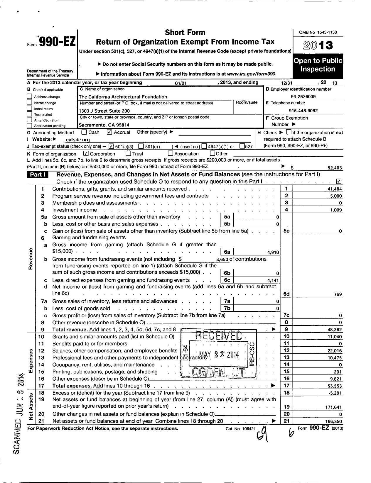 Image of first page of 2013 Form 990EZ for The California Architectural Foundation