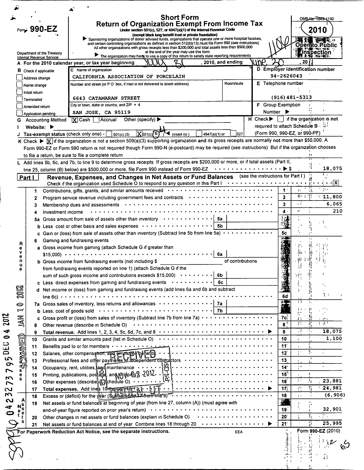 Image of first page of 2010 Form 990EO for California Association of Porcelain Artists