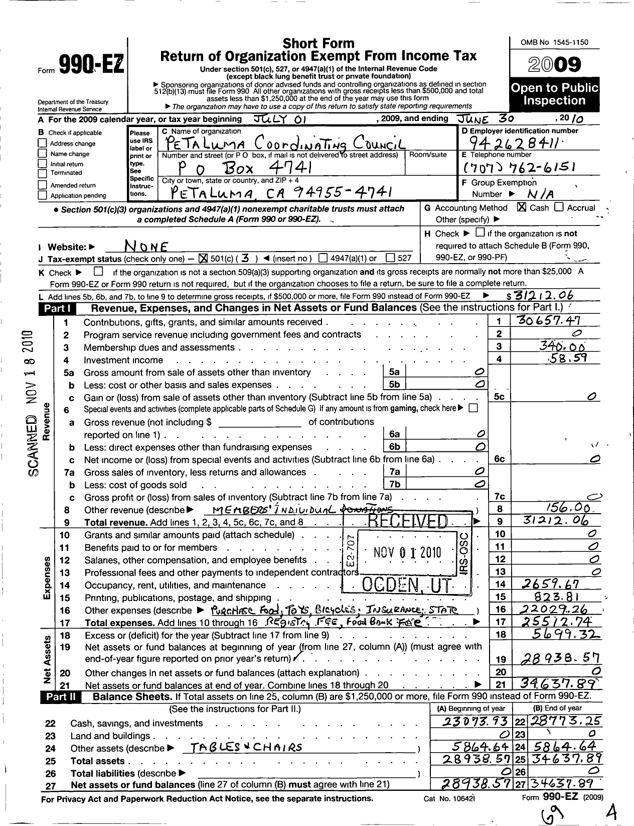 Image of first page of 2009 Form 990EZ for Petaluma Coordinating Council