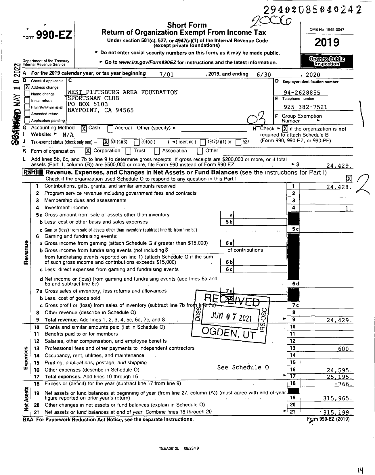 Image of first page of 2019 Form 990EZ for West Pittsburg Area Foundation Sportsman Club