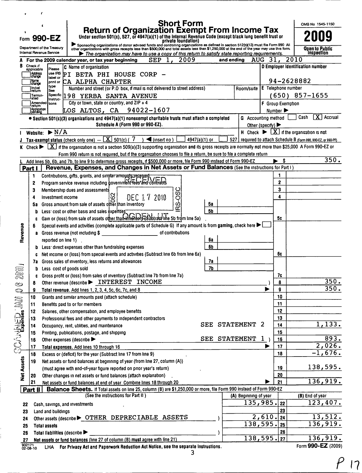 Image of first page of 2009 Form 990EO for Pi Beta Phi / Ca Alpha House