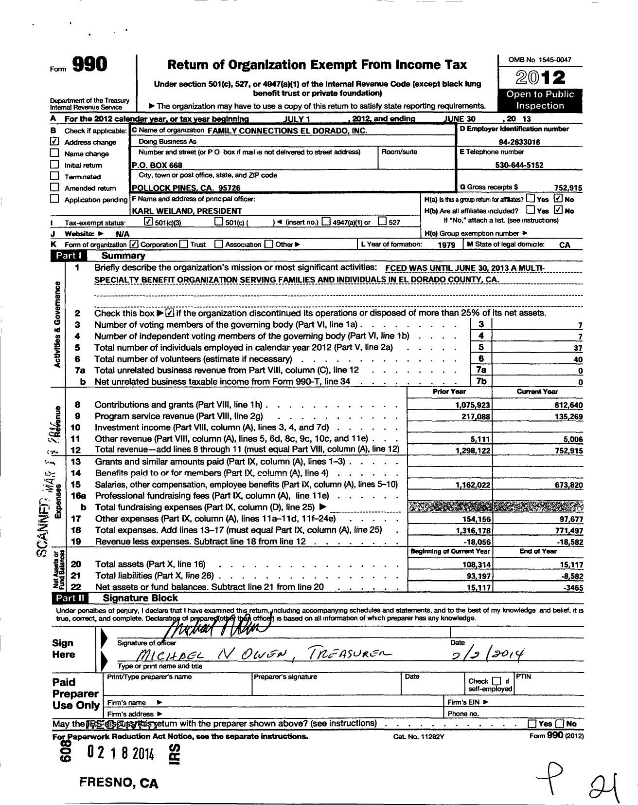 Image of first page of 2012 Form 990 for Family Connections El Dorado (FCED)
