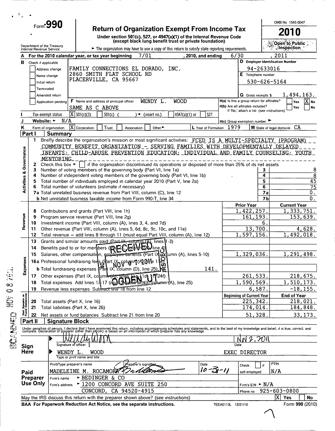 Image of first page of 2010 Form 990 for Family Connections El Dorado (FCED)