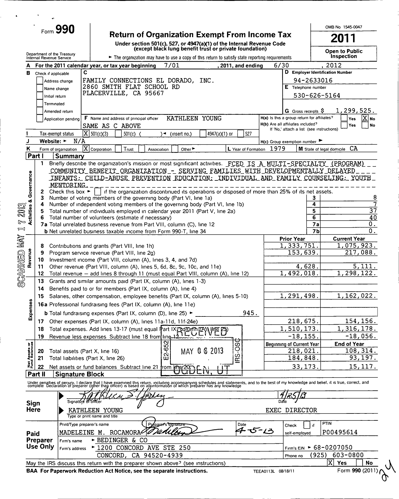 Image of first page of 2011 Form 990 for Family Connections El Dorado (FCED)
